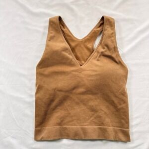 JoyLab Ribbed Seamless V-Neck Longline Sports Bra Tank Top Brown Small